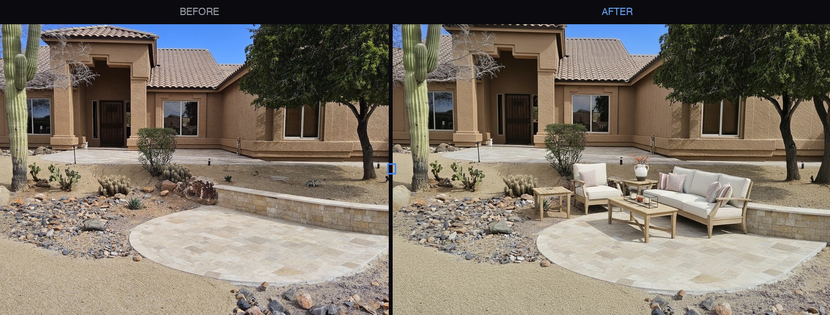 Before and after: a bare patio, then the same patio with real outdoor furniture placed by the visualizer